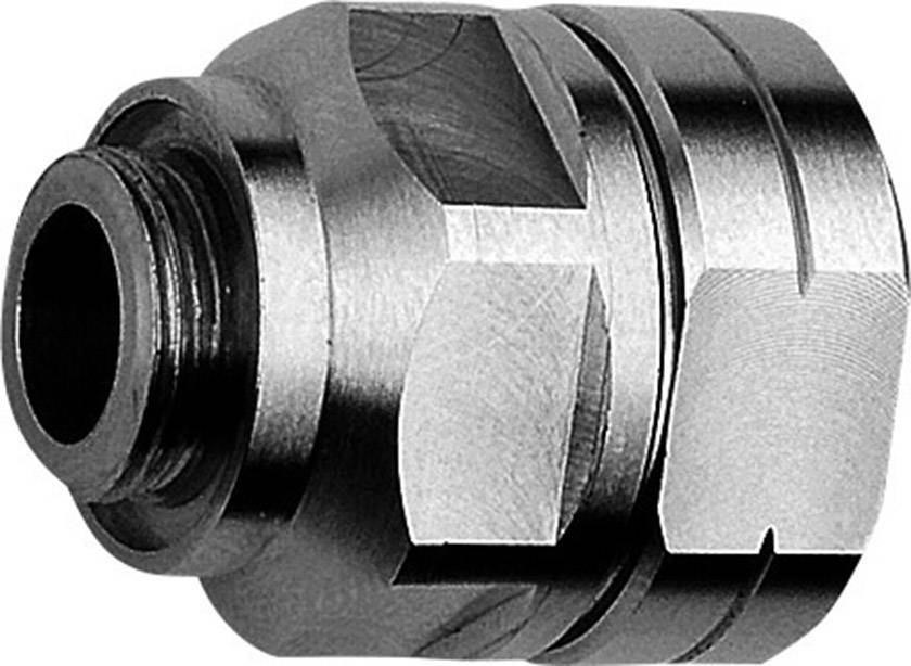 Metallschraube in Nahaufnahme, zylindrische Form mit Gewinde und eingelassenen Flächen. Sie besteht aus glänzendem Stahl.