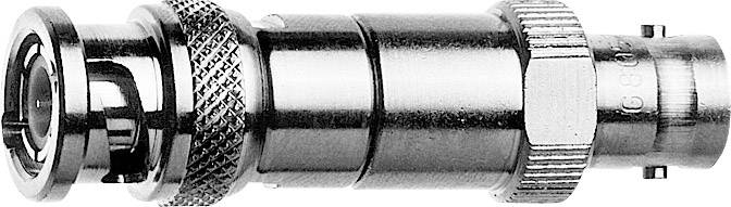 Ein BNC-Stecker aus Metall, seitlich liegend. Verwendet für Koaxialkabelverbindungen, oft in Video- und Netzwerktechnik eingesetzt.