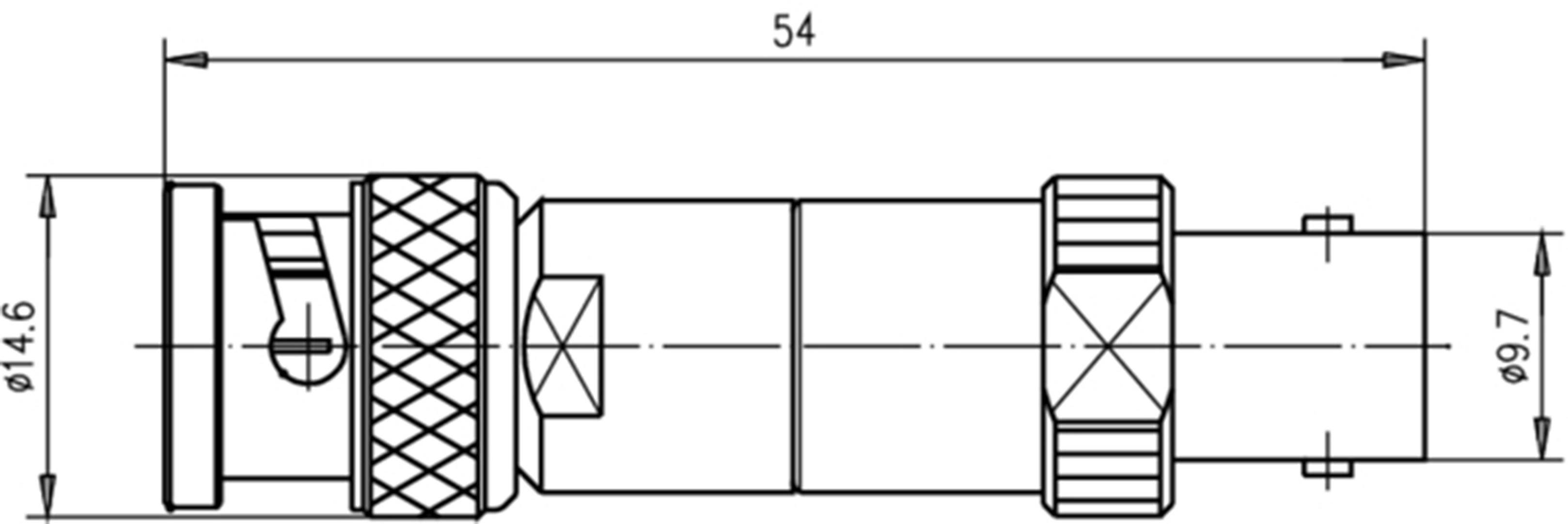 Technische Zeichnung eines Steckverbinders mit Abmessung: Länge 54 mm, Durchmesser 14,6 mm an einer Seite und 9,7 mm an der anderen.