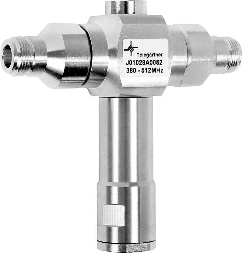 Ein Metallanschluss mit der Aufschrift 'Telegärtner J01028A0052 380-512MHz', geeignet für Hochfrequenzanwendungen.