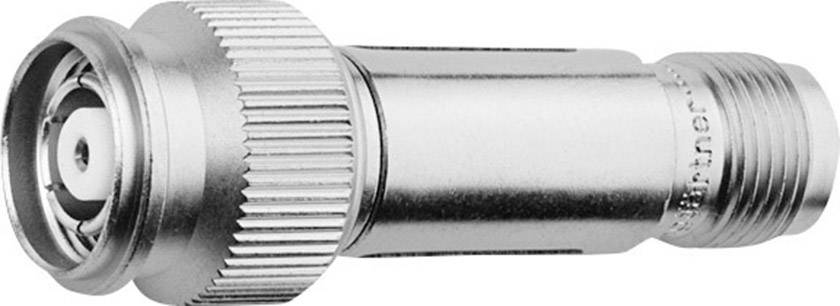 Metallischer Koaxialstecker mit geriffeltem Schraubverschluss und Innenkontakt, geeignet für Kabelverbindungen in technischen Anwendungen.