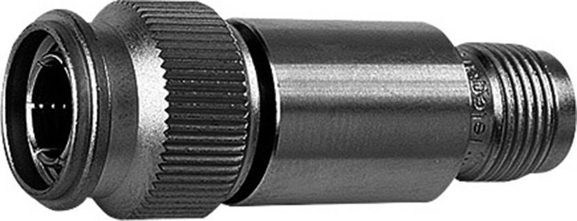Metallischer Steckverbinder ohne sichtbare Kabel, mit verchromter Oberfläche und gerändeltem Griff für einfaches Anziehen.