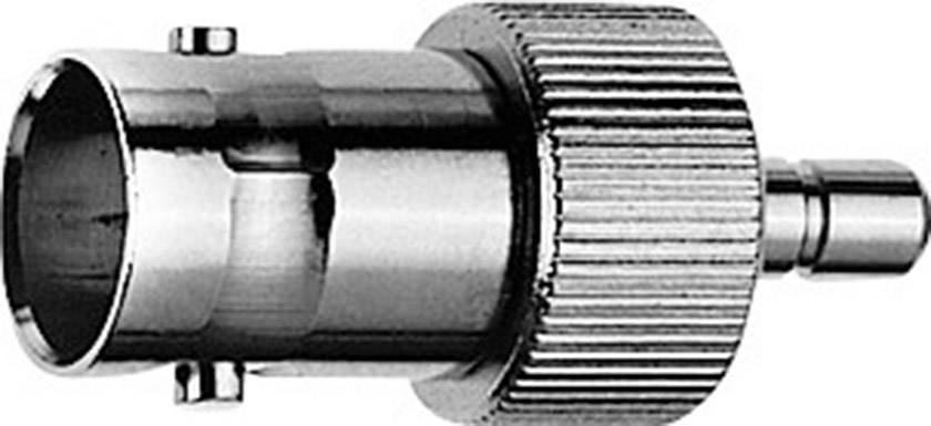 Das Bild zeigt einen koaxialen BNC-Stecker aus Metall, der für die Verbindung von elektronischen Geräten verwendet wird.