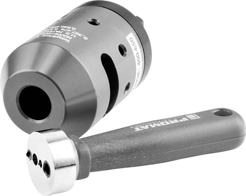 Bohrkopf aus Metall mit seitlichen Löchern, daneben ein handlicher grauer Griff mit einer metallischen Scheibe am Ende.