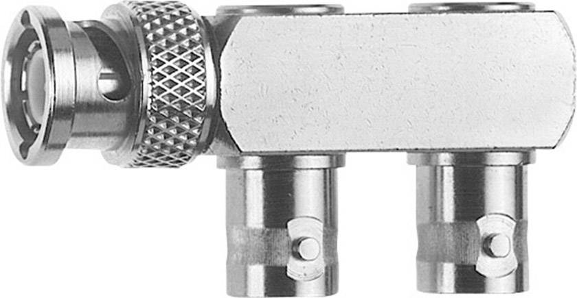 BNC-T-Stück, ein koaxialer Adapter mit einem weiblichen Anschluss und zwei männlichen Buchsen, zur Signalverteilung in Videosystemen.