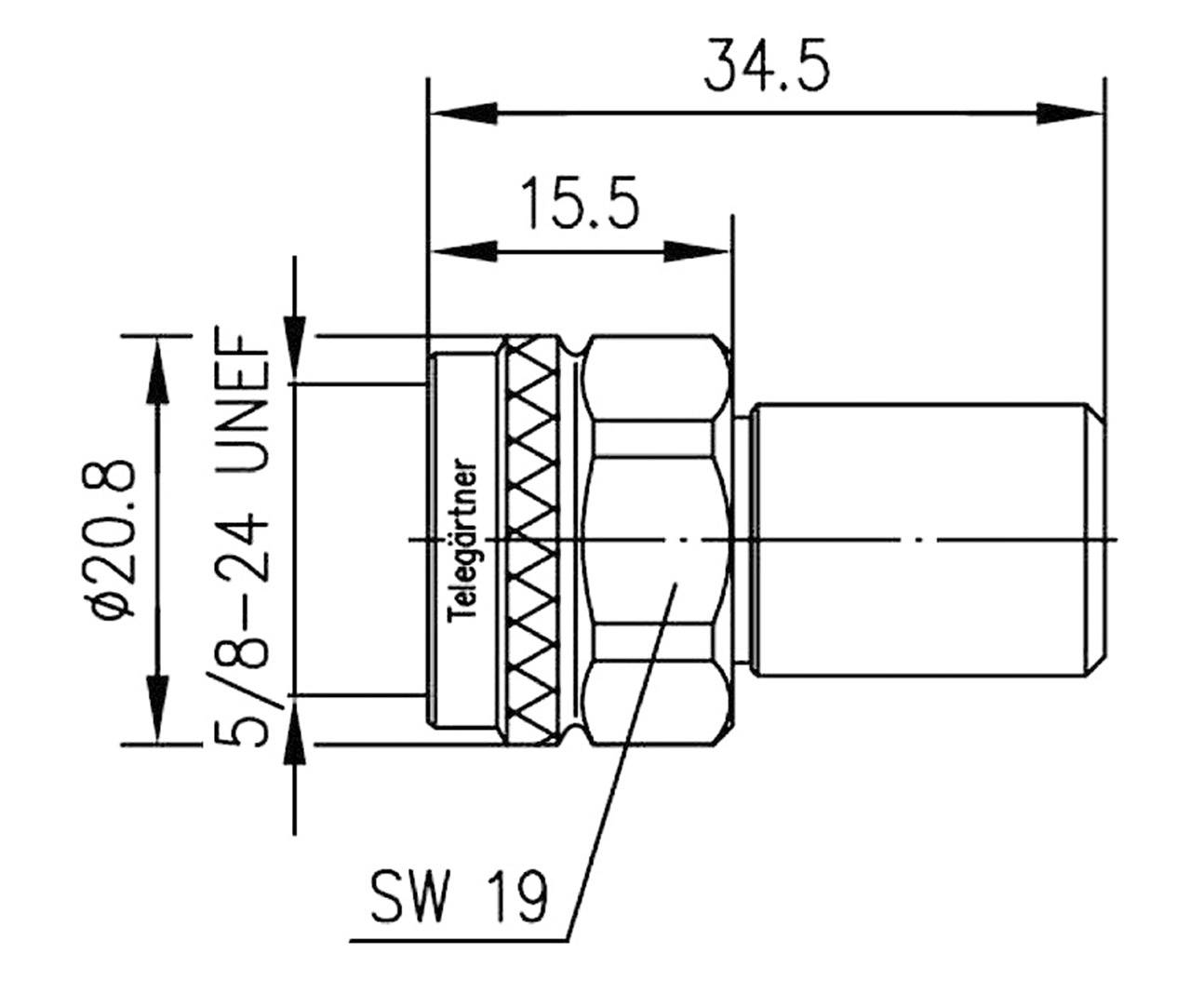 Technische Zeichnung eines Steckers mit Abmessungen: Länge 34,5 mm, Breite 15,5 mm, Gewinde 5/8-24 UNEF und Schlüsselweite 19.