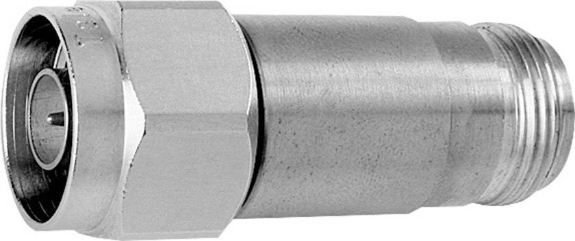 Ein metallener Koaxialstecker mit sechseckigem Schraubverschluss. Verwendet für Hochfrequenzverbindungen in technischen Geräten.