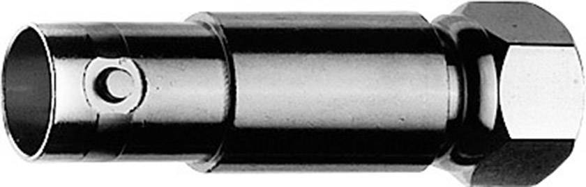 Metallene Sechskantmutter und zylindrischer Bolzen aus Chrom, verbunden. Hochglänzende Oberfläche, industrielles Maschinenteil.