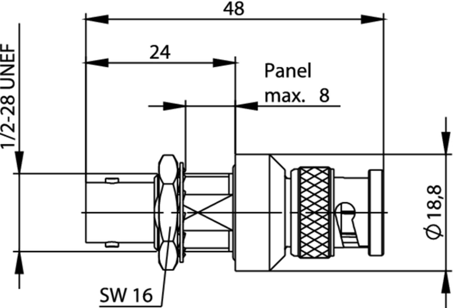 Technische Zeichnung eines Steckverbinders mit Maßen: Länge 48 mm, Breite 24 mm, Gewinde 1/2-28 UNEF, Panelstärke max. 8 mm.