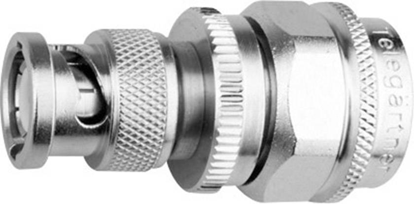 Ein silberner BNC-Stecker aus Metall, der normalerweise zur Koaxialkabelverbindung in der Telekommunikation und Videoübertragung verwendet wird.