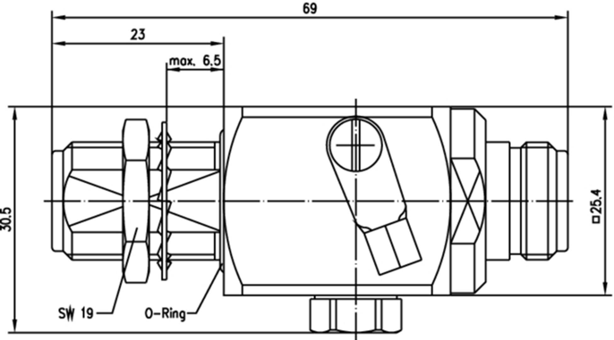 Technische Zeichnung eines Rohranschlusses mit Abmessungen: 69 mm Länge, 30,5 mm Höhe. Inklusive Sechskant, O-Ring und Ventil.