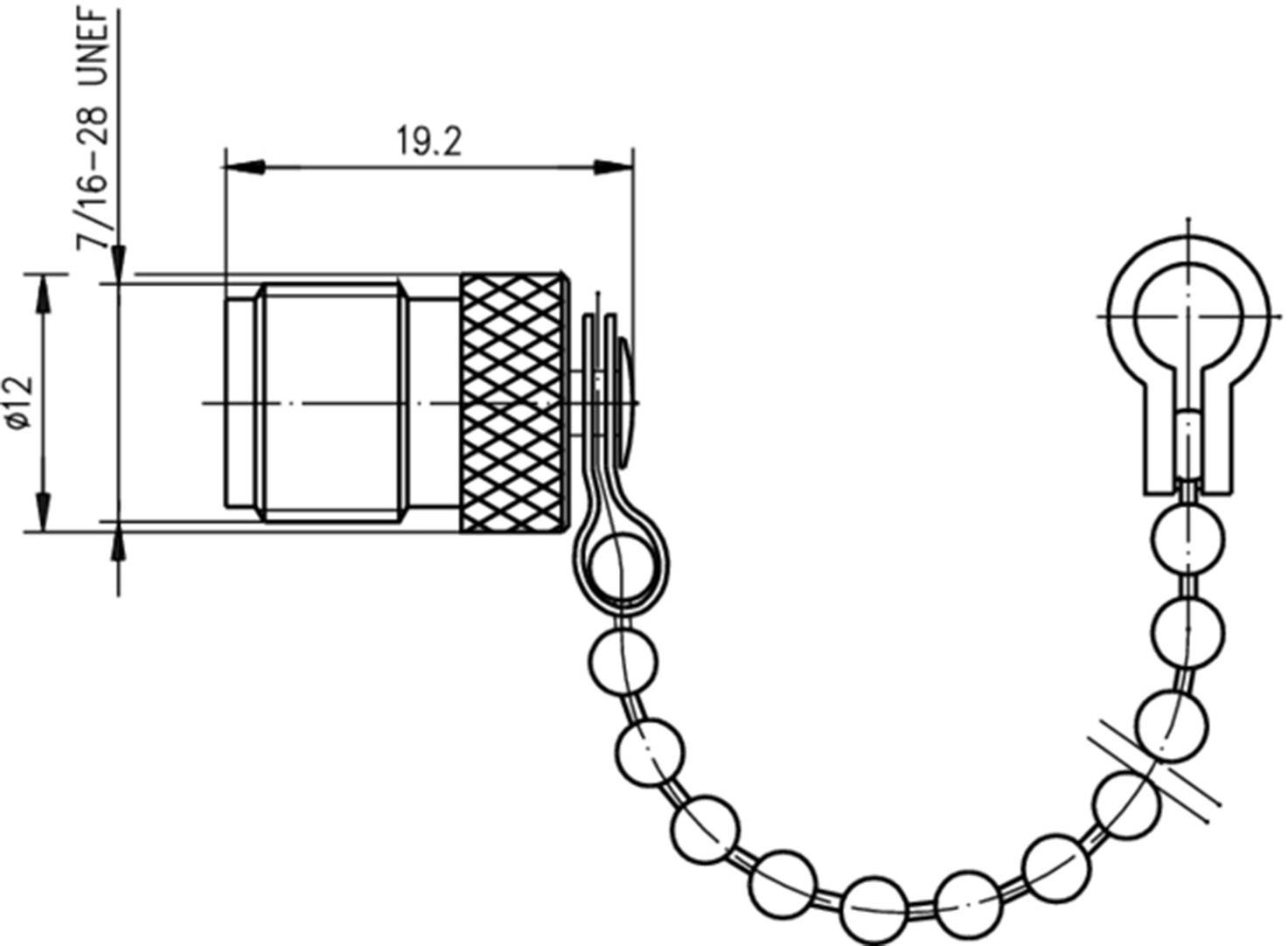Technische Zeichnung einer Schutzkappe mit Kette. Maße: Durchmesser 12mm, Länge 19,2mm. Gewindegröße: 7/16-28 UNEF.