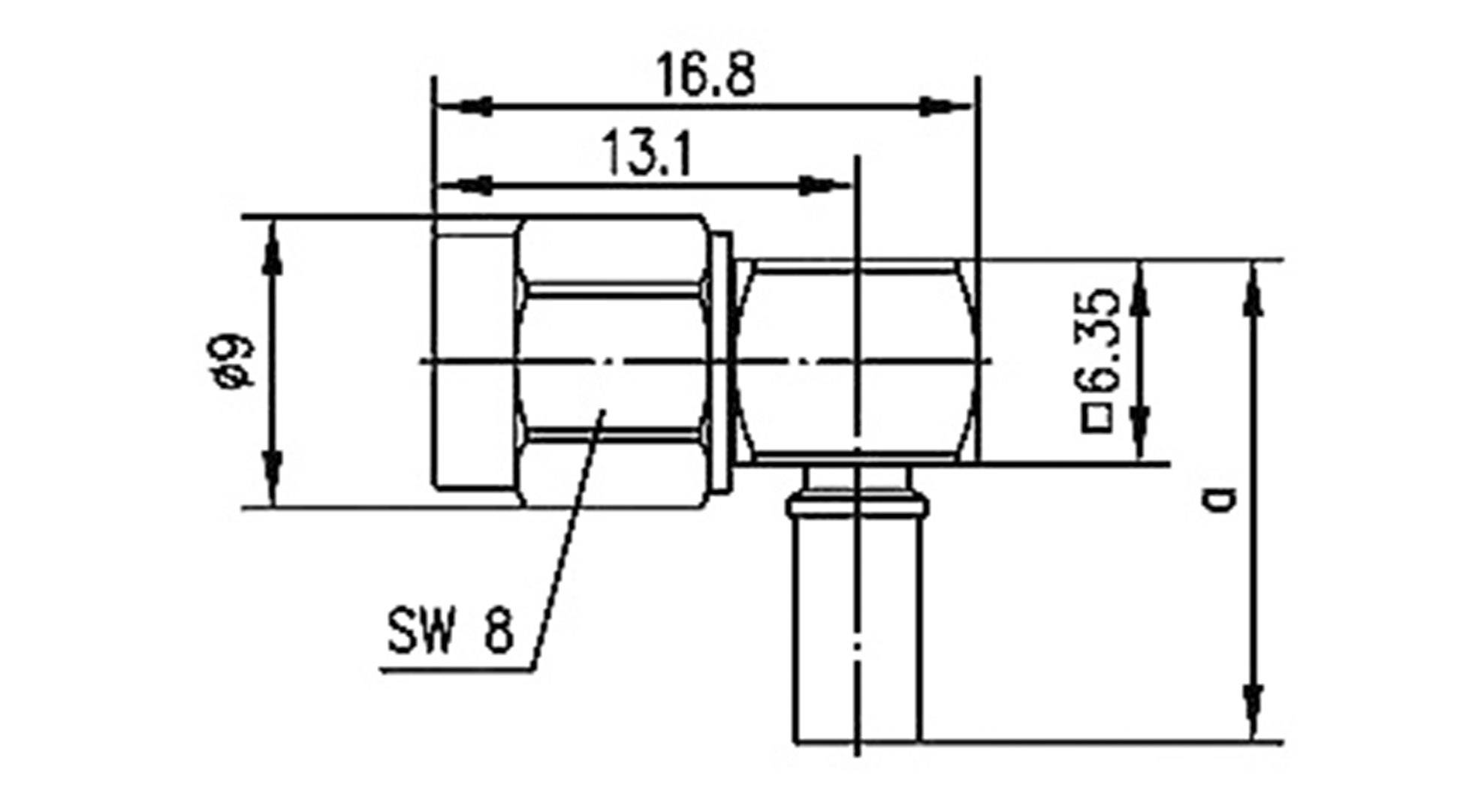 Technische Zeichnung eines Anschlussstücks mit Maßangaben: 16,8 mm lang, 9 mm breit, Schlüsselweite 8 mm, innen 13,1 mm.