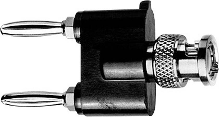Ein Adapter mit zwei Bananensteckern und einem koaxialen BNC-Anschluss, verwendet zur Verbindung elektronischer Geräte.