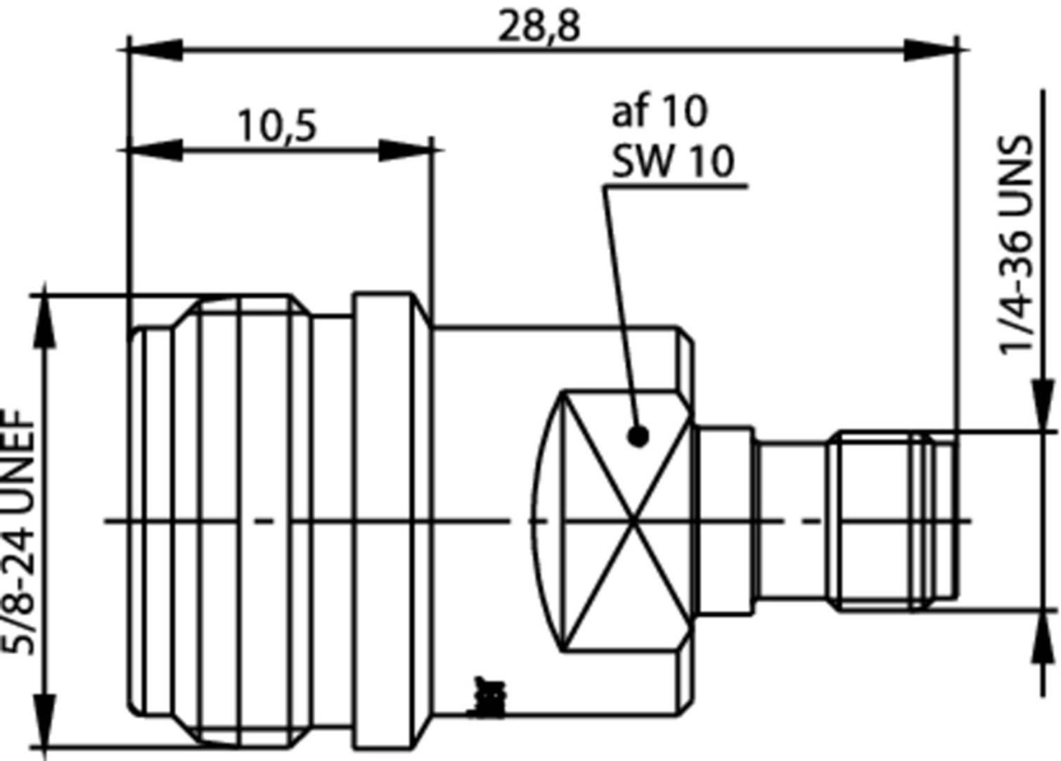 Technische Zeichnung eines Anschlusses mit Abmessungen: Länge 28,8 mm, Außendurchmesser 10,5 mm, Gewinde 5/8-24 UNEF und 1/4-36 UNS.