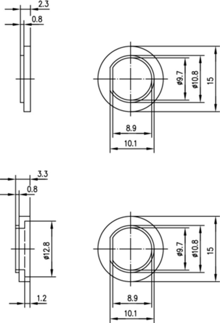 Technische Zeichnung von zwei kreisförmigen Bauteilen mit genauen Maßangaben wie Durchmesser, Breite und Höhe in Millimetern.