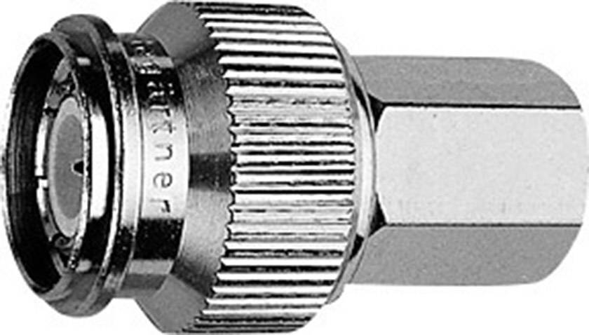 Metallkoaxialstecker, um Kabel an Geräten zu verbinden; zylindrische Form mit geriffeltem Rand, glänzend.