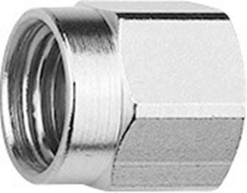 Eine silberne Sechskantmutter aus Metall, meist verwendet für Verbindungen in Rohren oder mechanischen Strukturen.