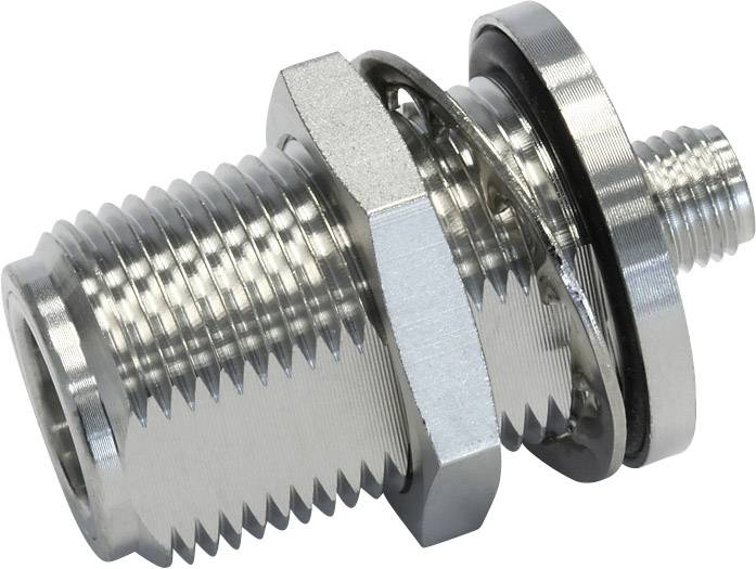 Metallischer Koaxial-Steckverbinder mit Gewinde, Mutter und Unterlegscheibe. Verwendet zur Verbindung von elektronischen Geräten.