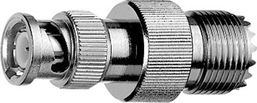 Ein metallischer Steckverbinder für Koaxialkabel, mit einem äußeren Schraubgewinde und einem inneren Stift zur Signalübertragung.
