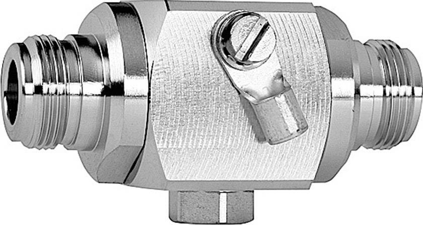 Ein metallischer Druckregler mit Gewinde an beiden Enden und einer Schraube oben. Verwendet zur Kontrolle des Drucks in Leitungen.