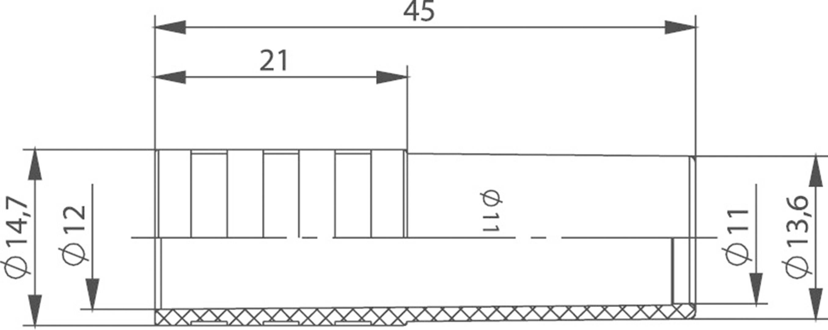 Technische Zeichnung eines zylindrischen Bauteils. Maße: Gesamtlänge 45 mm, Durchmesser 12 mm, 11 mm Innendurchmesser, 14,7 mm Höhe.