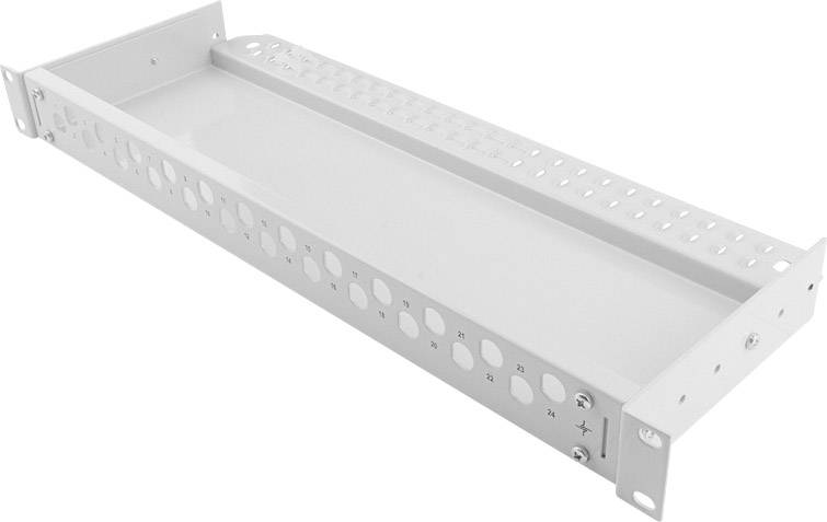 Ein weißer Metallrahmen mit Löchern an den Seiten, wahrscheinlich für die Montage von Geräten oder Kabelmanagement in einem Rack.