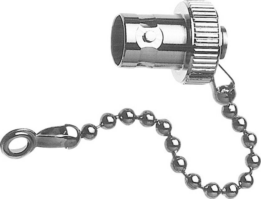 Ein metallischer Adapter mit Rändelschraube und Kettenverschluss. Wird häufig zum Verbinden von elektronischen Geräten verwendet.