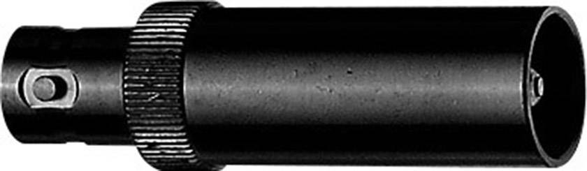 Ein schwarzes Metallobjekt zylindrischer Form, ähnlich einem Kabeladapter oder einer Verbindungshülse.