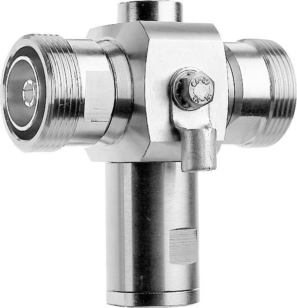 Metallischer T-Stück-Steckverbinder mit drei Anschlüssen. Verwendet in Rohrsystemen zur Verteilung von Flüssigkeiten oder Gasen.