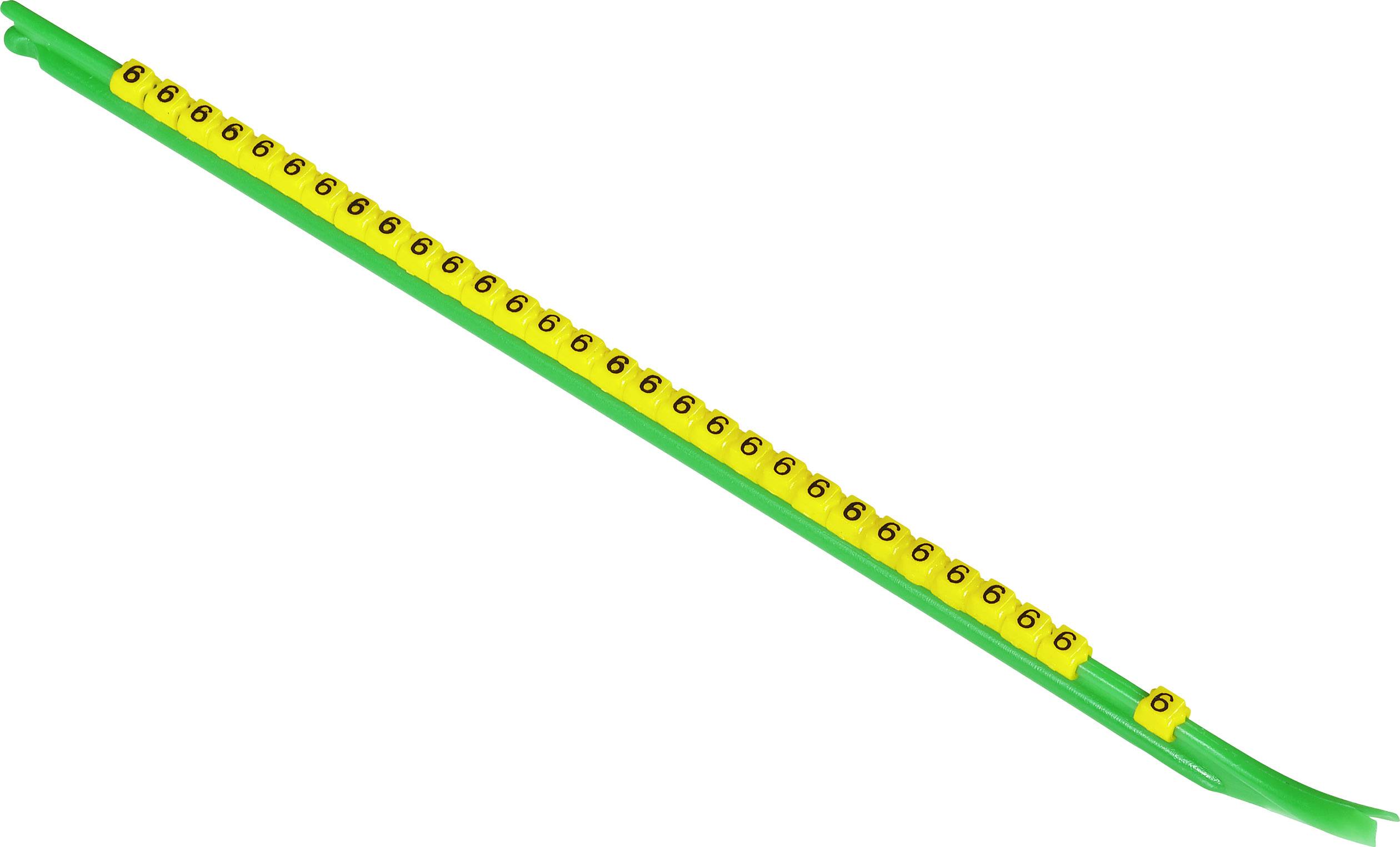 Gelbes Kabel mit nummerierten Markierungen von 1 bis 21 in schwarzer Schrift, befestigt an einem grünen Draht.
