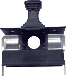 Schwarzes Kunststoff- und Metallelement mit Griff und Loch, vermutlich ein mechanisches Bauteil, gezeigt von vorne.