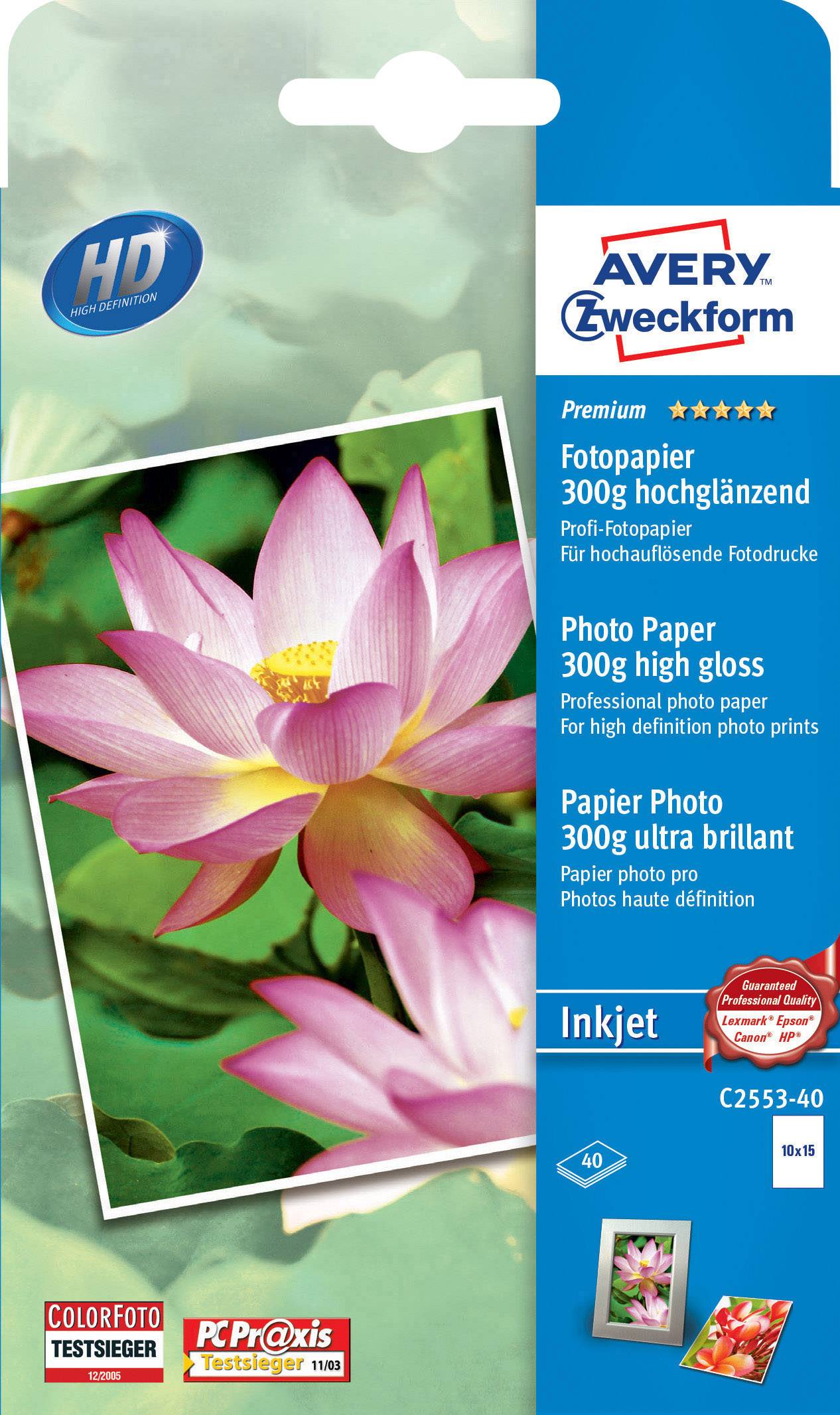 Avery-Zweckform Premium Photo Paper Inkjet C2553-40 Fotopapier 10 x 15 cm 40 Blatt Hochglänzend