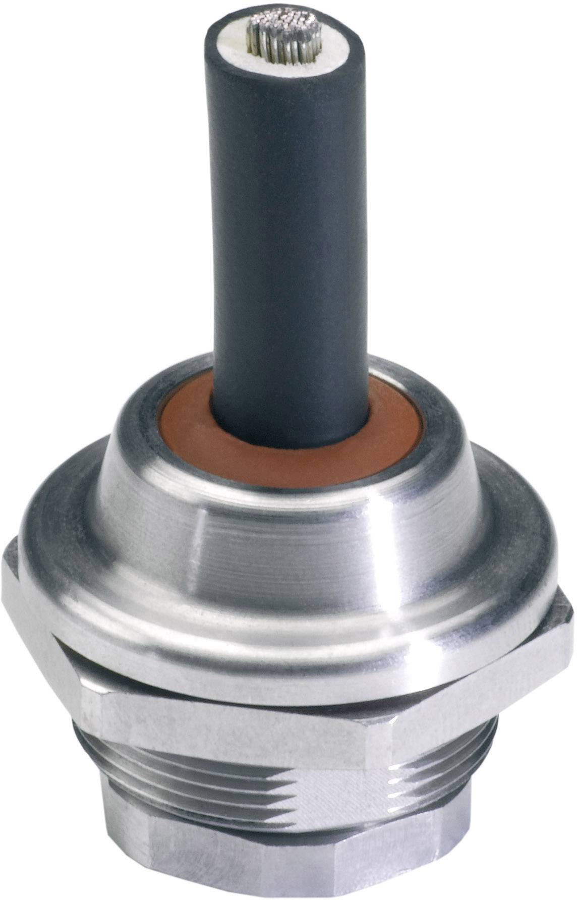 Metallischer Anschlussstecker mit Gewinde und hervorgehobenem schwarzen Kabel, geeignet für elektrische Geräte oder Maschinen.