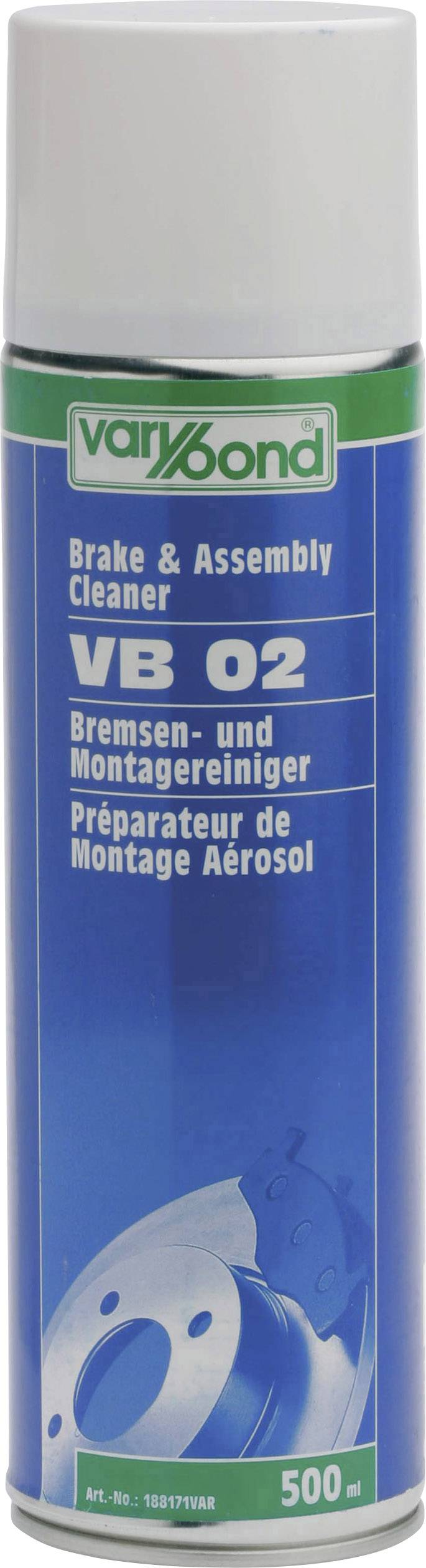 Spraydose mit Aufschrift 'varibond VB 02 Brake & Assembly Cleaner'. Eignet sich zur Reinigung von Bremsen und bei der Montage. Inhalt: 500 ml.