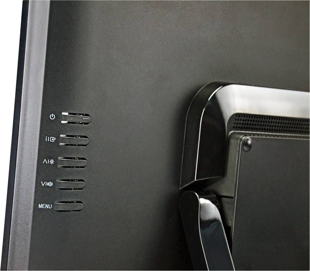 Rückansicht eines Computerbildschirms mit Tasten an der Seite, darunter Ein/Aus, Eingangswechsel und Menüzugriff.