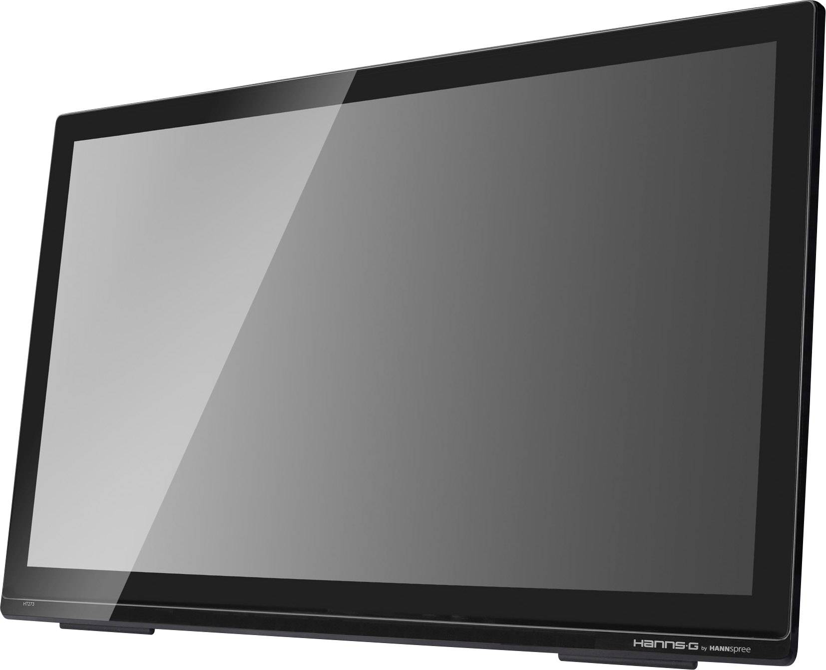 Ein schwarzer, rechteckiger Monitor mit spiegelnder Oberfläche, geneigt nach hinten, auf weißem Hintergrund.