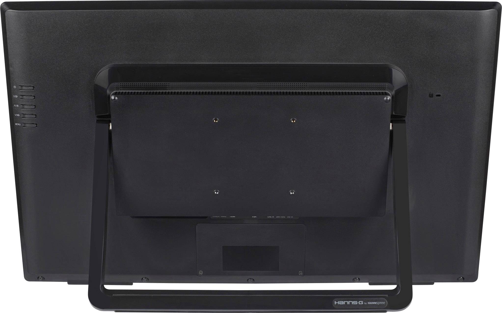 Rückansicht eines schwarzen Monitors mit einem stabilen Standfuß, geeignet für den Einsatz auf Schreibtischen oder Arbeitsbereichen.