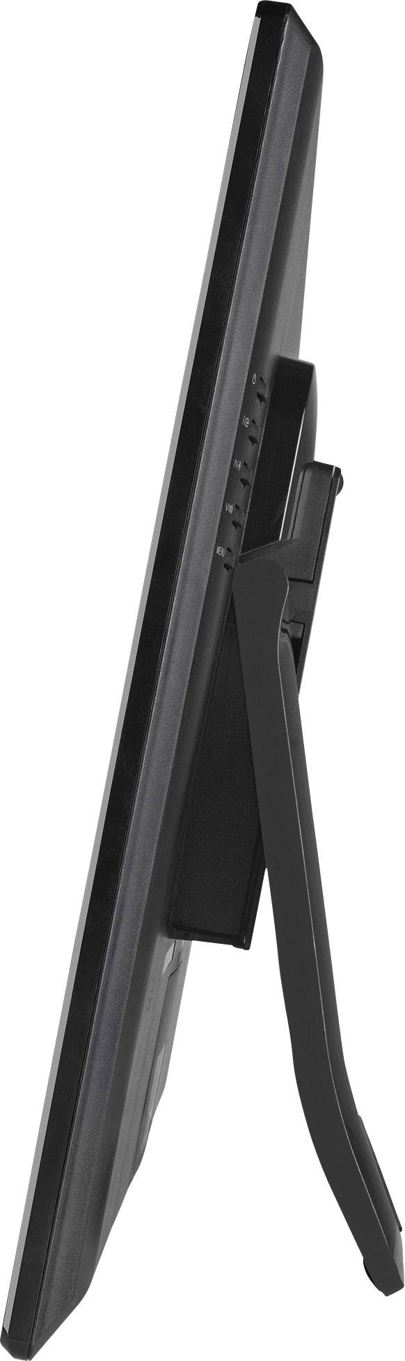 Ein schwarzer Monitor von der Seite, zeigt das dünne Profil und den Ständer.