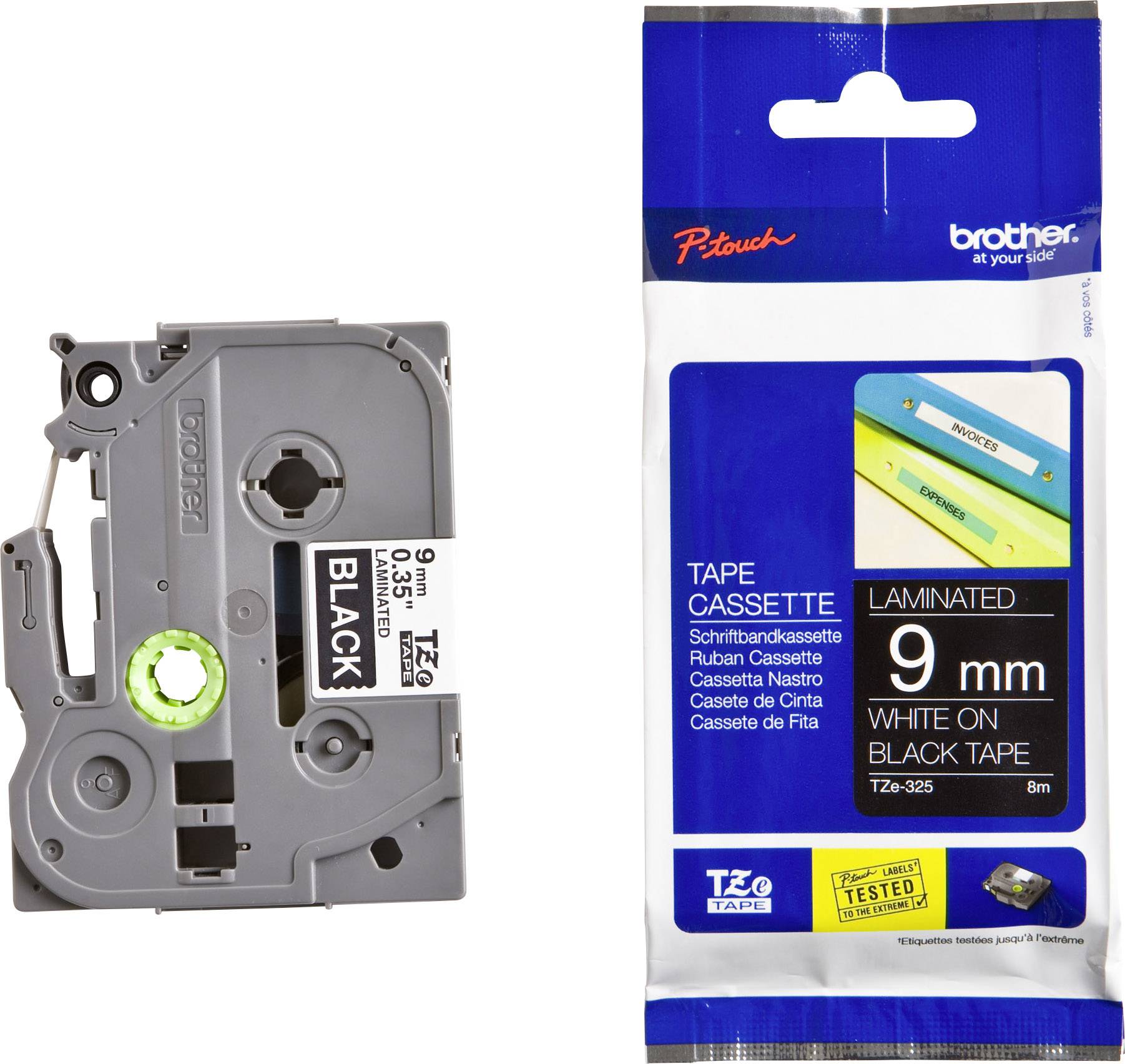 'Brother P-touch' Schriftbandkassette, laminiert, 9 mm Breite, weiß auf schwarz, geeignet für Beschriftung. Verpackung und Kassette gezeigt.