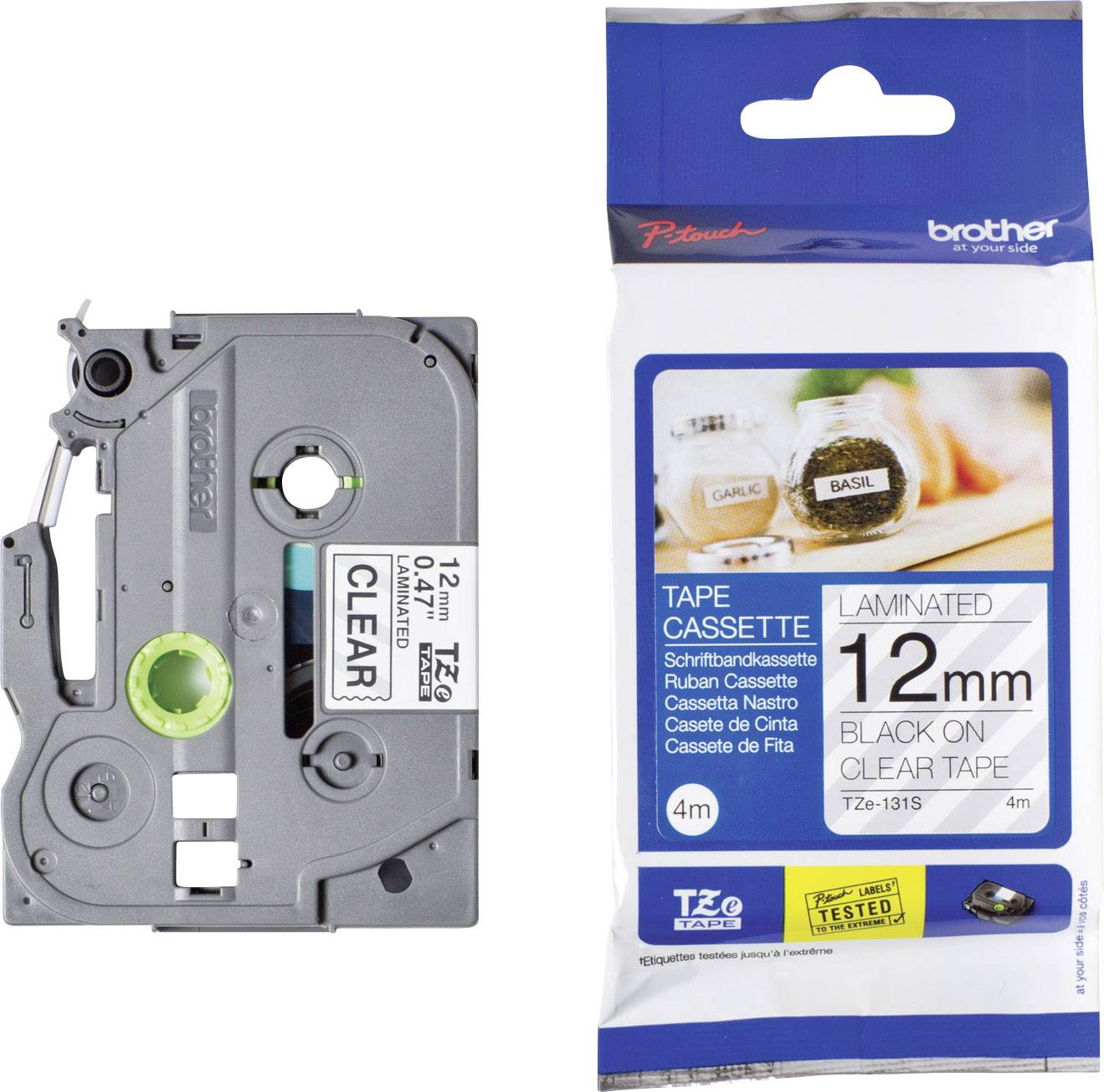 'Brother' Schriftbandkassette, laminiert, 12mm x 4m, schwarz auf transparent. Verpackung zeigt Beispielanwendung für Gewürzgläser.