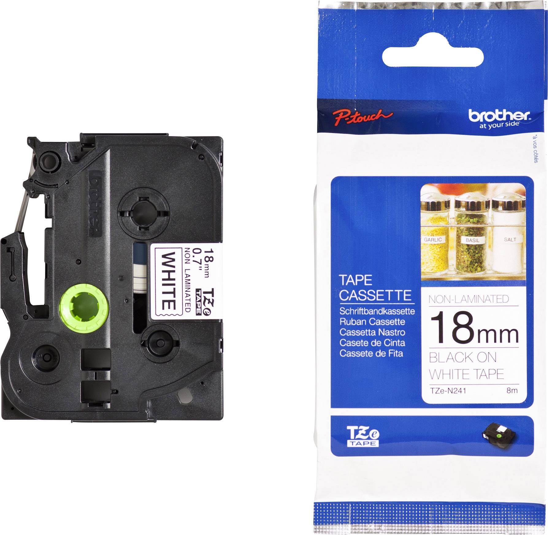 Eine Brother-Ersatzfarbbandkassette TZe-N241 für Beschriftungsgeräte, 18 mm breit, schwarze Schrift auf weißem Band, 8 Meter Länge.