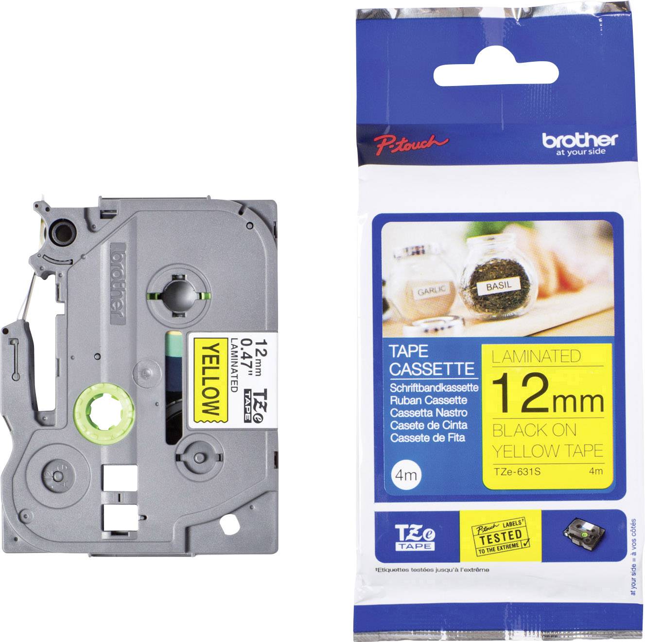 Eine graue Druckkassette für Etiketten mit der Aufschrift '12mm Black on Yellow Tape' und einer blau-weißen Verpackung mit Produktinformationen.