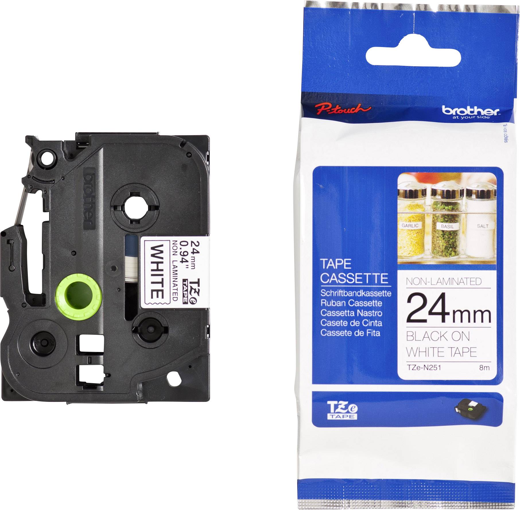 'Brother' Kassette Bandverpackung und Kassette, 24 mm Breite, schwarz auf weiß, nicht laminiert, 8 m Länge.