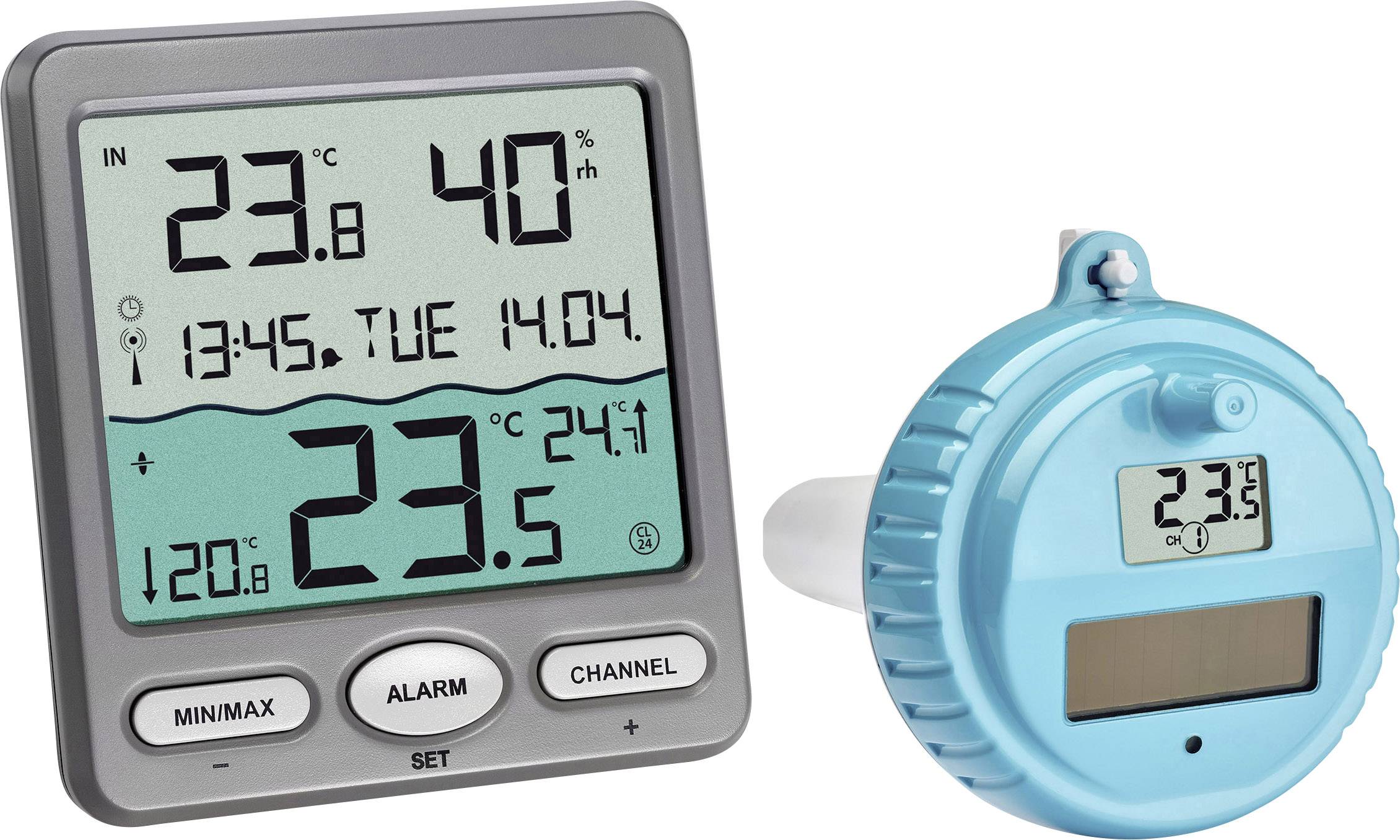Ein digitales Thermometer und Hygrometer zeigt 23,8°C und 40% Luftfeuchtigkeit an, daneben ein blaues Gerät auf 23,5°C eingestellt.