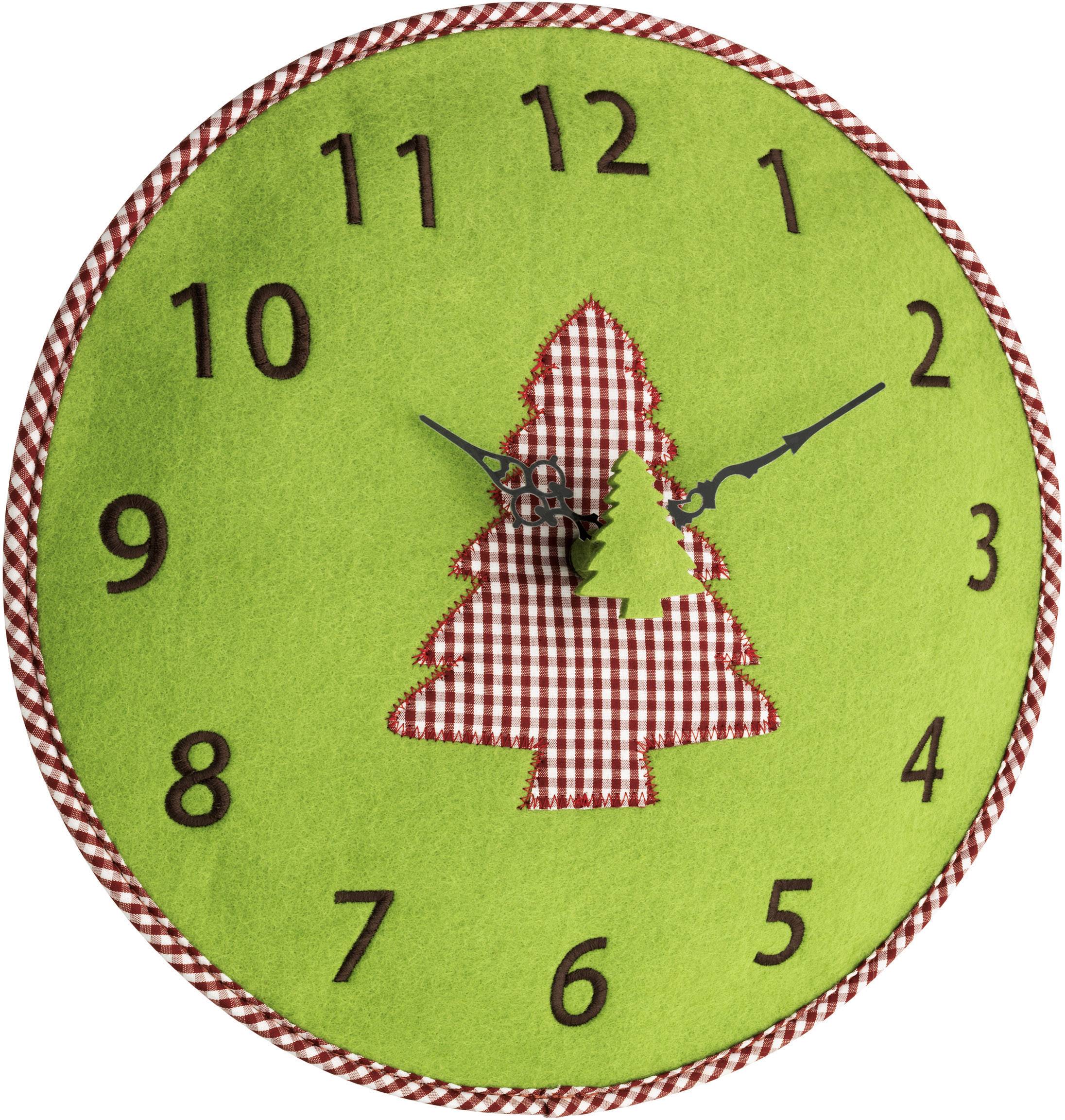 Runde Wanduhr mit grünem Stoffbezug, rotes Karomuster in Form eines Tannenbaums in der Mitte, schwarze Zahlen und Zeiger.