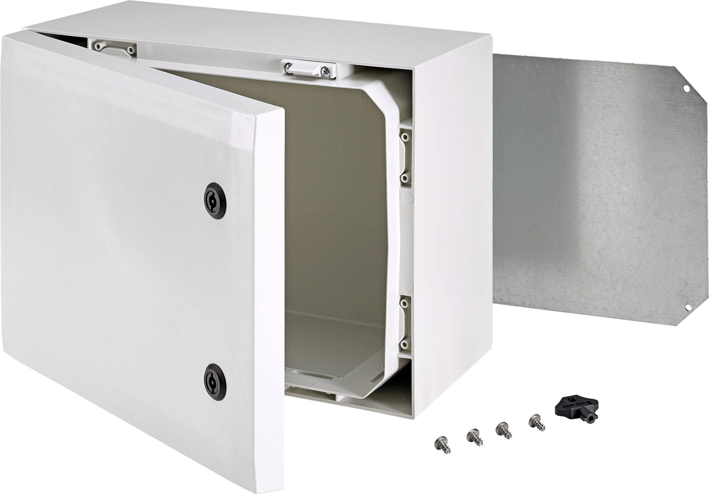 Gehäusekasten mit geöffnetem Deckel, Rückplatte, Schrauben und Griff sichtbar. Geeignet für elektrische Installationen.