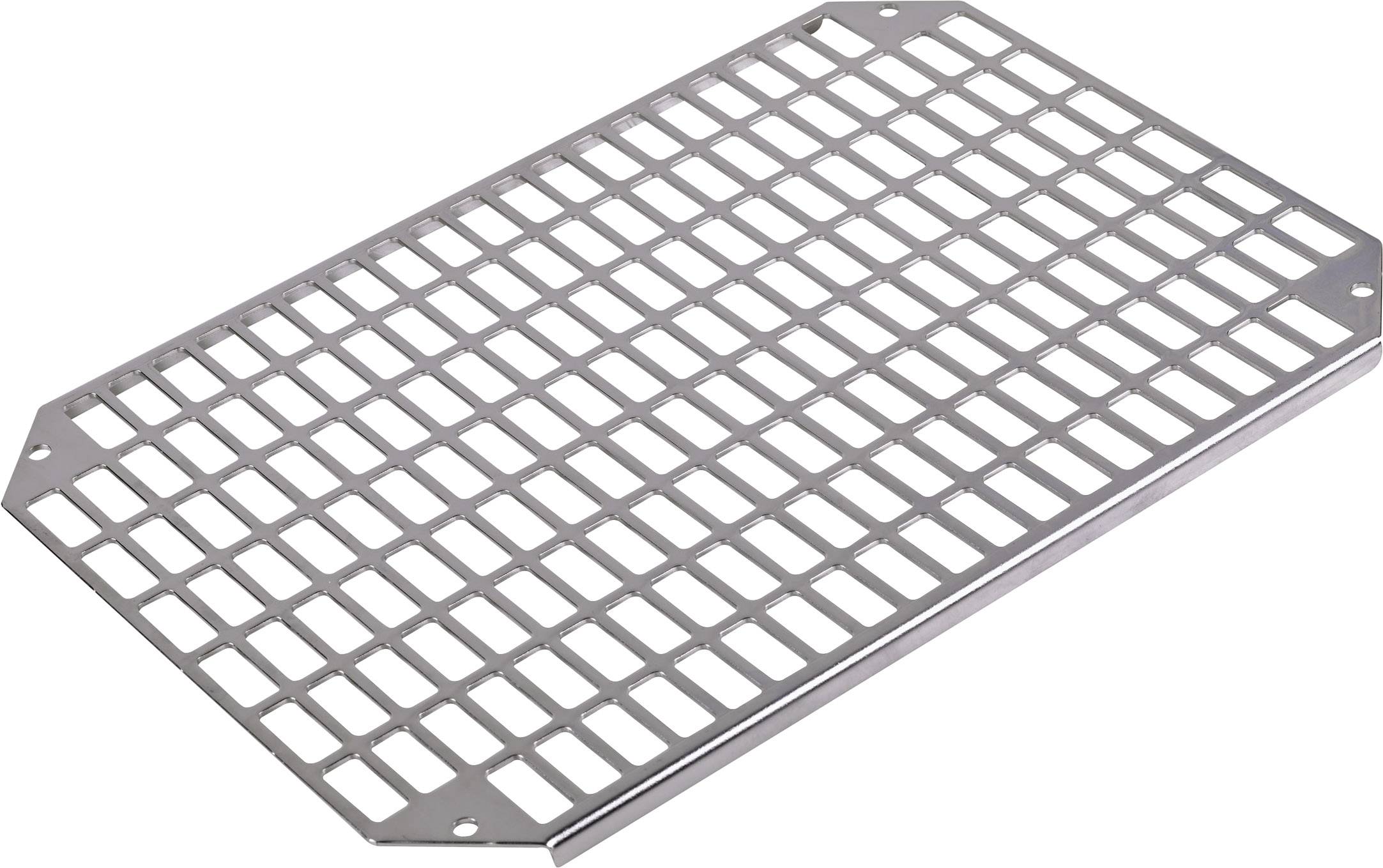 Ein rechteckiges Metallgitter mit zahlreichen kleinen, gleichmäßig angeordneten Löchern und abgerundeten Ecken.