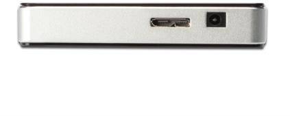 Externe Festplatte, Seitenansicht: USB-Anschluss und Stromanschluss sichtbar. Hochformat, Silberfarben.
