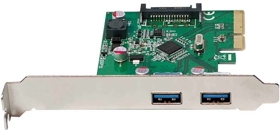 Eine grüne PCIe-Erweiterungskarte mit zwei USB-3.0-Anschlüssen an der Blende, Chip und Kondensatoren auf der Platine.